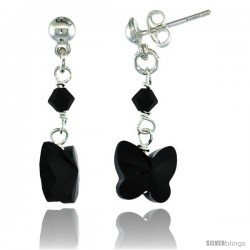 Sterling Silver Butterfly Black Swarovski Crystals Dangle Earrings, 1 1/8 in. (29 mm) tall