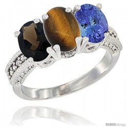 10K White Gold Natural Smoky Topaz, Tiger Eye & Tanzanite Ring 3-Stone Oval 7x5 mm Diamond Accent