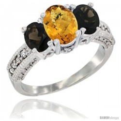 10K White Gold Ladies Oval Natural Whisky Quartz 3-Stone Ring with Smoky Topaz Sides Diamond Accent