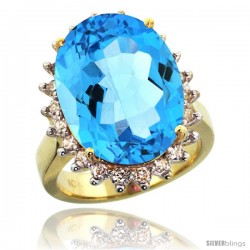 10k Yellow Gold Diamond Halo Swiss Blue Topaz Ring 10 ct Large Oval Stone 18x13 mm, 7/8 in wide