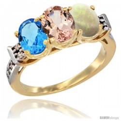 10K Yellow Gold Natural Swiss Blue Topaz, Morganite & Opal Ring 3-Stone Oval 7x5 mm Diamond Accent