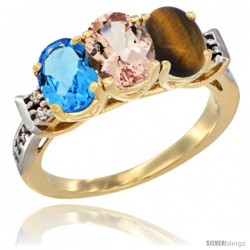 10K Yellow Gold Natural Swiss Blue Topaz, Morganite & Tiger Eye Ring 3-Stone Oval 7x5 mm Diamond Accent