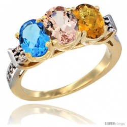 10K Yellow Gold Natural Swiss Blue Topaz, Morganite & Whisky Quartz Ring 3-Stone Oval 7x5 mm Diamond Accent