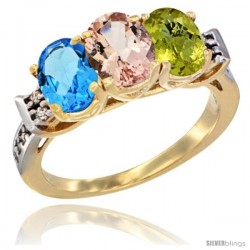 10K Yellow Gold Natural Swiss Blue Topaz, Morganite & Lemon Quartz Ring 3-Stone Oval 7x5 mm Diamond Accent