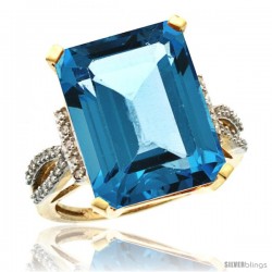 10k Yellow Gold Diamond Swiss Blue Topaz Ring 12 ct Emerald Shape 16x12 Stone 3/4 in wide