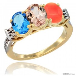 10K Yellow Gold Natural Swiss Blue Topaz, Morganite & Coral Ring 3-Stone Oval 7x5 mm Diamond Accent