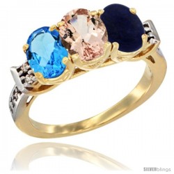 10K Yellow Gold Natural Swiss Blue Topaz, Morganite & Lapis Ring 3-Stone Oval 7x5 mm Diamond Accent