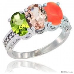 14K White Gold Natural Peridot, Morganite & Coral Ring 3-Stone Oval 7x5 mm Diamond Accent