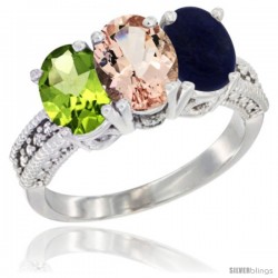 14K White Gold Natural Peridot, Morganite & Lapis Ring 3-Stone Oval 7x5 mm Diamond Accent