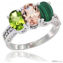 14K White Gold Natural Peridot, Morganite & Malachite Ring 3-Stone Oval 7x5 mm Diamond Accent