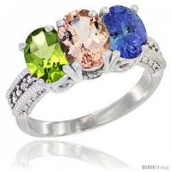 14K White Gold Natural Peridot, Morganite & Tanzanite Ring 3-Stone Oval 7x5 mm Diamond Accent