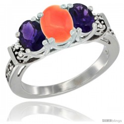 14K White Gold Natural Coral & Amethyst Ring 3-Stone Oval with Diamond Accent