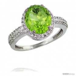 14k White Gold Diamond Peridot Ring Oval Stone 10x8 mm 2.4 ct 1/2 in wide