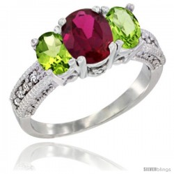 14k White Gold Ladies Oval Natural Ruby 3-Stone Ring with Peridot Sides Diamond Accent