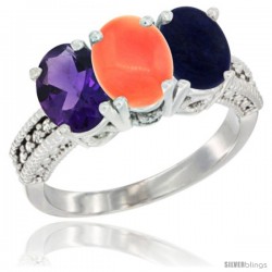 14K White Gold Natural Amethyst, Coral & Lapis Ring 3-Stone 7x5 mm Oval Diamond Accent