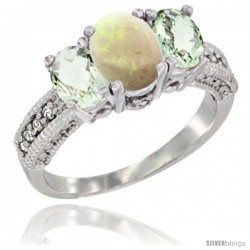 14k White Gold Ladies Oval Natural Opal 3-Stone Ring with Green Amethyst Sides Diamond Accent