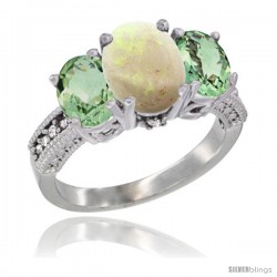 14K White Gold Ladies 3-Stone Oval Natural Opal Ring with Green Amethyst Sides Diamond Accent