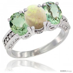 14K White Gold Natural Opal & Green Amethyst Sides Ring 3-Stone 7x5 mm Oval Diamond Accent