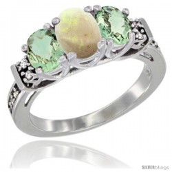 14K White Gold Natural Opal & Green Amethyst Ring 3-Stone Oval with Diamond Accent