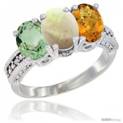 14K White Gold Natural Green Amethyst, Opal & Whisky Quartz Ring 3-Stone 7x5 mm Oval Diamond Accent