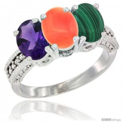 14K White Gold Natural Amethyst, Coral & Malachite Ring 3-Stone 7x5 mm Oval Diamond Accent