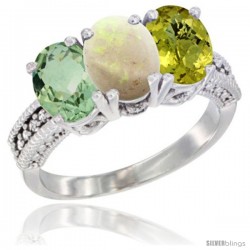 14K White Gold Natural Green Amethyst, Opal & Lemon Quartz Ring 3-Stone 7x5 mm Oval Diamond Accent