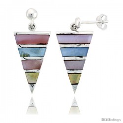 Sterling Silver Triangular Pink, Blue, Light Yellow & White Mother of Pearl Inlay Earrings, 7/8" (22 mm) tall