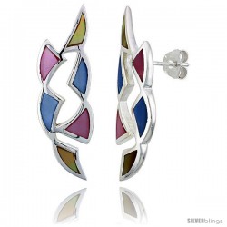 Sterling Silver Freeform Pink, Blue & Light Yellow Mother of Pearl Inlay Earrings, 1 7/16" (36 mm) tall