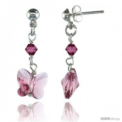 Sterling Silver Butterfly Pink Sapphire Swarovski Crystals Dangle Earrings, 1 1/8 in. (29 mm) tall