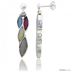 Sterling Silver Marquise-shaped Pink, Blue, Light Yellow & White Mother of Pearl Inlay Earrings, 1 3/16 (30 mm) tall