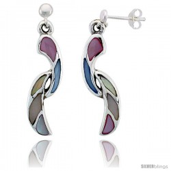 Sterling Silver Freeform Pink, Blue, Light Yellow & White Mother of Pearl Inlay Earrings, 1 1/8" (28 mm) tall