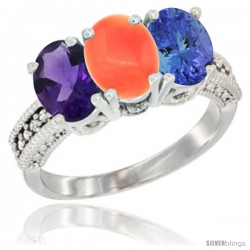 14K White Gold Natural Amethyst, Coral & Tanzanite Ring 3-Stone 7x5 mm Oval Diamond Accent