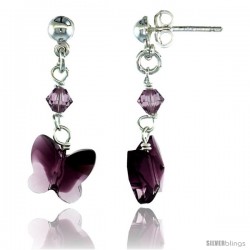 Sterling Silver Butterfly Amethyst Swarovski Crystals Dangle Earrings, 1 1/8 in. (29 mm) tall