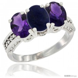 14K White Gold Natural Lapis & Amethyst Ring 3-Stone 7x5 mm Oval Diamond Accent