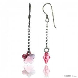 Sterling Silver Flower Pink Sapphire Swarovski Crystals Drop Earrings, 2 1/16 in. (52 mm) tall