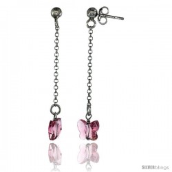 Sterling Silver Butterfly Pink Sapphire Swarovski Crystal Drop Earrings, 1 13/16 in. (46 mm) tall