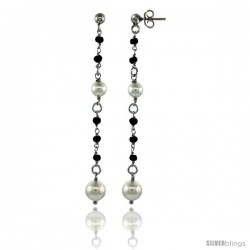 Sterling Silver Black Swarovski Crystals & Pearls Drop Earrings, 2 7/8 in. (73 mm) tall