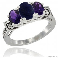 14K White Gold Natural Lapis & Amethyst Ring 3-Stone Oval with Diamond Accent