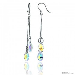 Sterling Silver Dangle Earrings w/ Yellow Briolette Swarovski Crystal 2 1/4 in. (58 mm) tall, Rhodium Finish