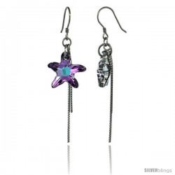 Sterling Silver Dangle Earrings w/ Purple Swarovski Crystal Starfish 2 1/4 in. (58 mm) tall, Rhodium Finish