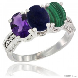 14K White Gold Natural Amethyst, Lapis & Malachite Ring 3-Stone 7x5 mm Oval Diamond Accent