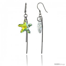 Sterling Silver Dangle Earrings w/ Yellow Swarovski Crystal Starfish 2 1/4 in. (58 mm) tall, Rhodium Finish