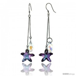 Sterling Silver Dangle Earrings w/ Purple Swarovski Crystal Starfish 2 3/4 in. (70 mm) tall, Rhodium Finish