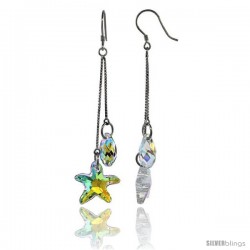 Sterling Silver Dangle Earrings w/ Yellow Swarovski Crystal Starfish 2 3/4 in. (70 mm) tall, Rhodium Finish