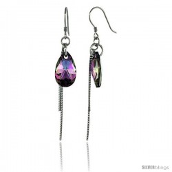 Sterling Silver Dangle Earrings w/ Purple Swarovski Crystal Teardrop 2 5/16 in. (59 mm) tall, Rhodium Finish