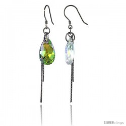 Sterling Silver Dangle Earrings w/ Yellow Swarovski Crystal Teardrop 2 5/16 in. (59 mm) tall, Rhodium Finish