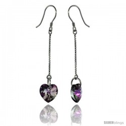 Sterling Silver Dangle Earrings w/ Purple Swarovski Crystal Heart 2 in. (51 mm) tall, Rhodium Finish