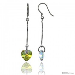 Sterling Silver Dangle Earrings w/ Yellow Swarovski Crystal Heart 2 in. (51 mm) tall, Rhodium Finish