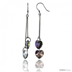 Sterling Silver Dangle Earrings w/ Purple Swarovski Crystal Double Heart 2 1/2 in. (64 mm) tall, Rhodium Finish