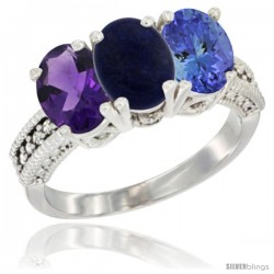 14K White Gold Natural Amethyst, Lapis & Tanzanite Ring 3-Stone 7x5 mm Oval Diamond Accent